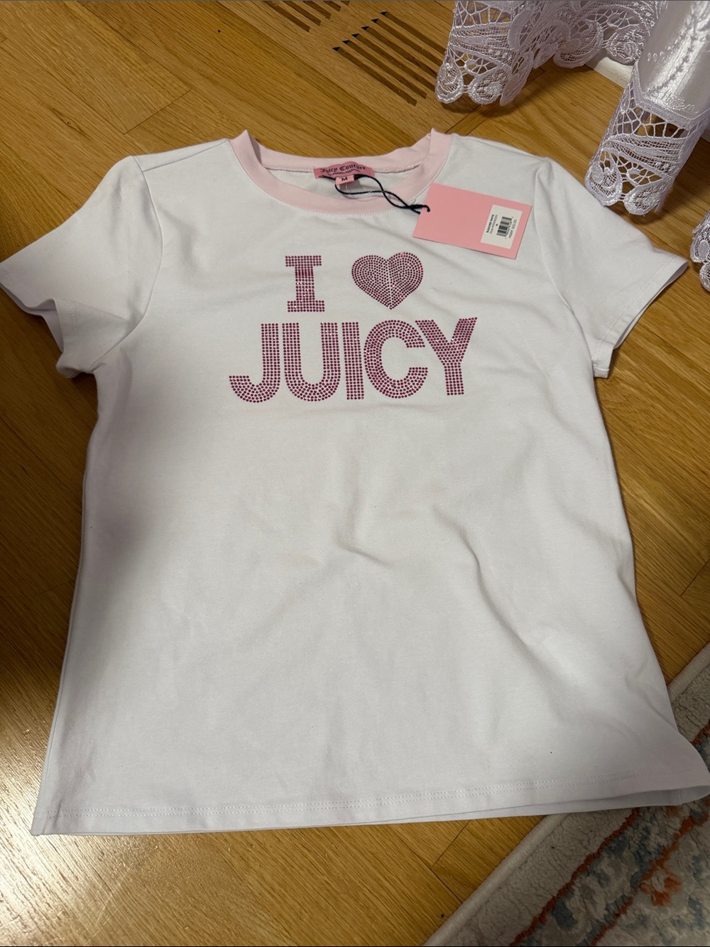Juicy Couture White Tee with Pink Rhinestone 'I ♥ JUICY' Logo